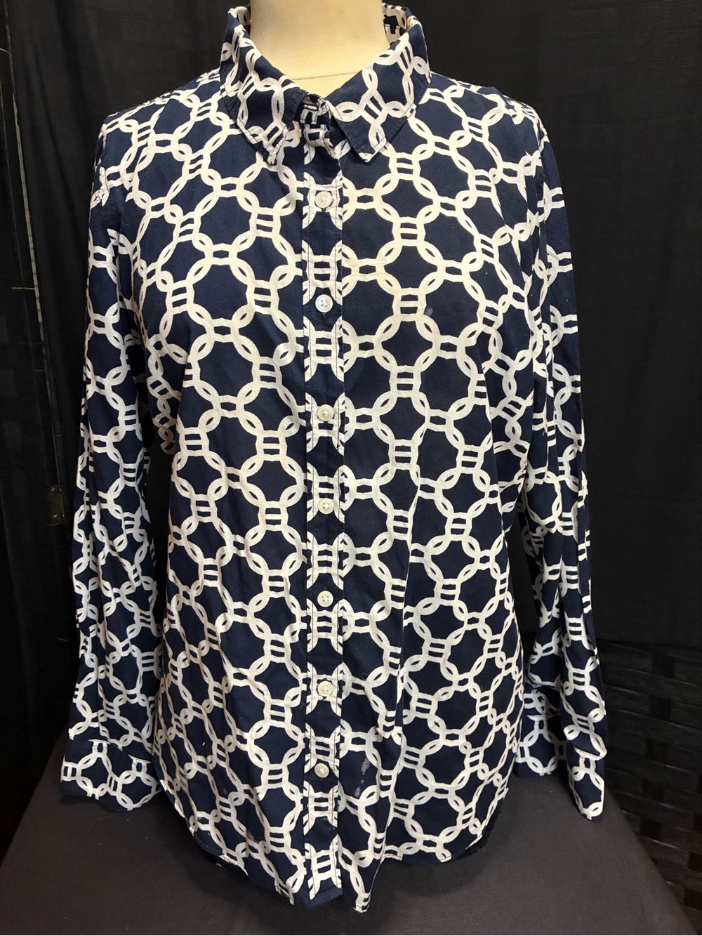 crown & ivy Navy and White Link-Print Button Down Shirt